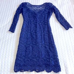 Royal blue lace sequin long sleeve illusion sweetheart neckline mini dress